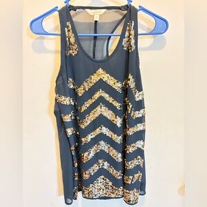 Vintage Y2K grey sheer tank,gold sequin‎ design top CharmingCharlies size Small